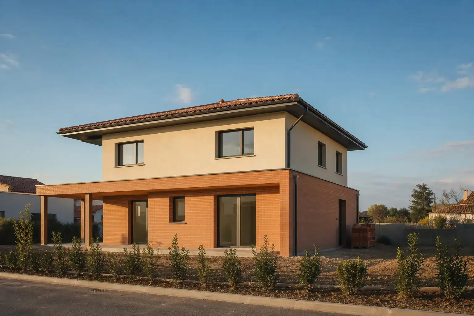 Maison individuelle neuve en brique foraine et enduit clair, toiture en tuile canal, vue de trois quarts depuis la rue en fin de journée