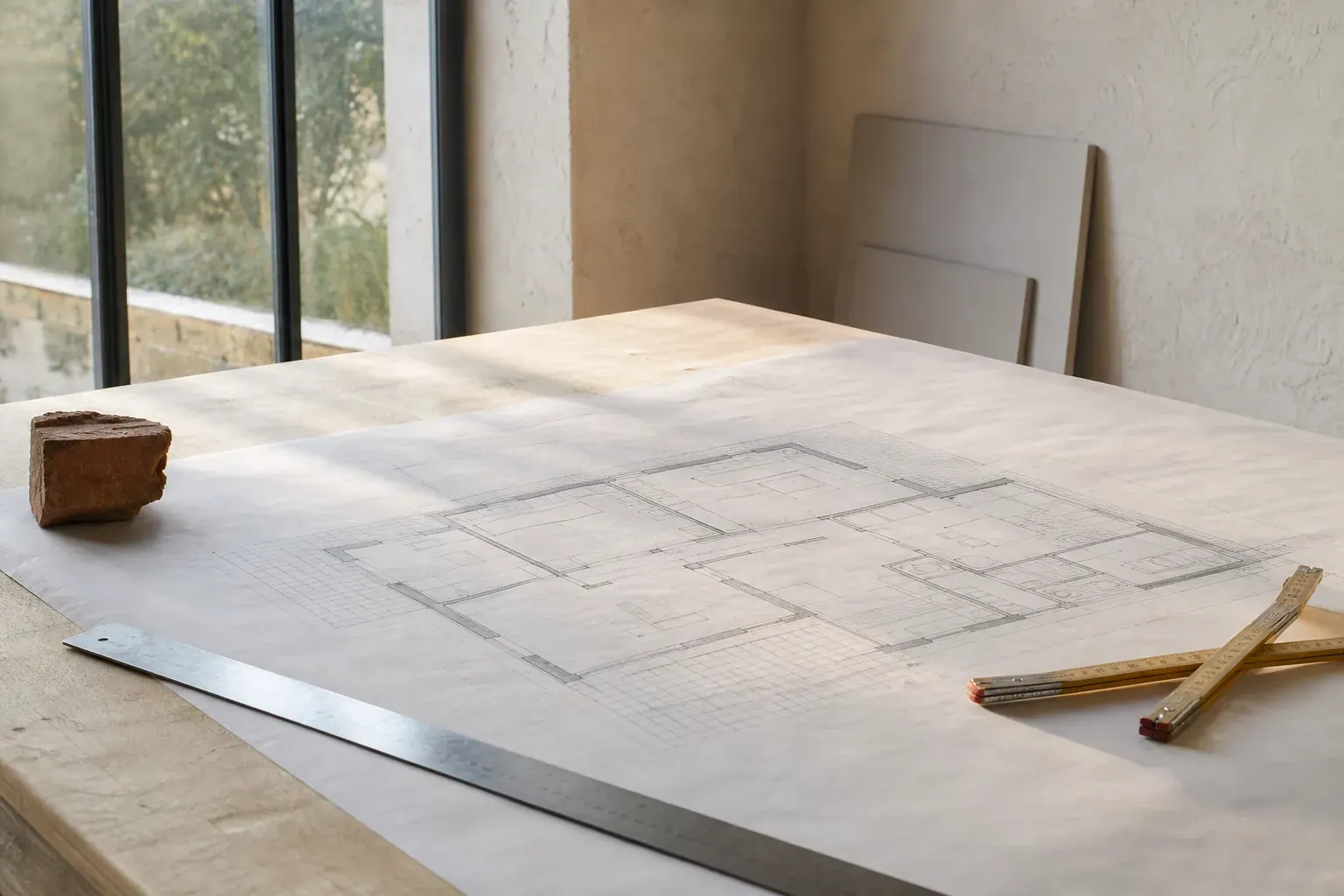 Plan d’une maison individuelle déroulé sur une table de bois clair, maintenu par une règle métallique et un fragment de brique foraine