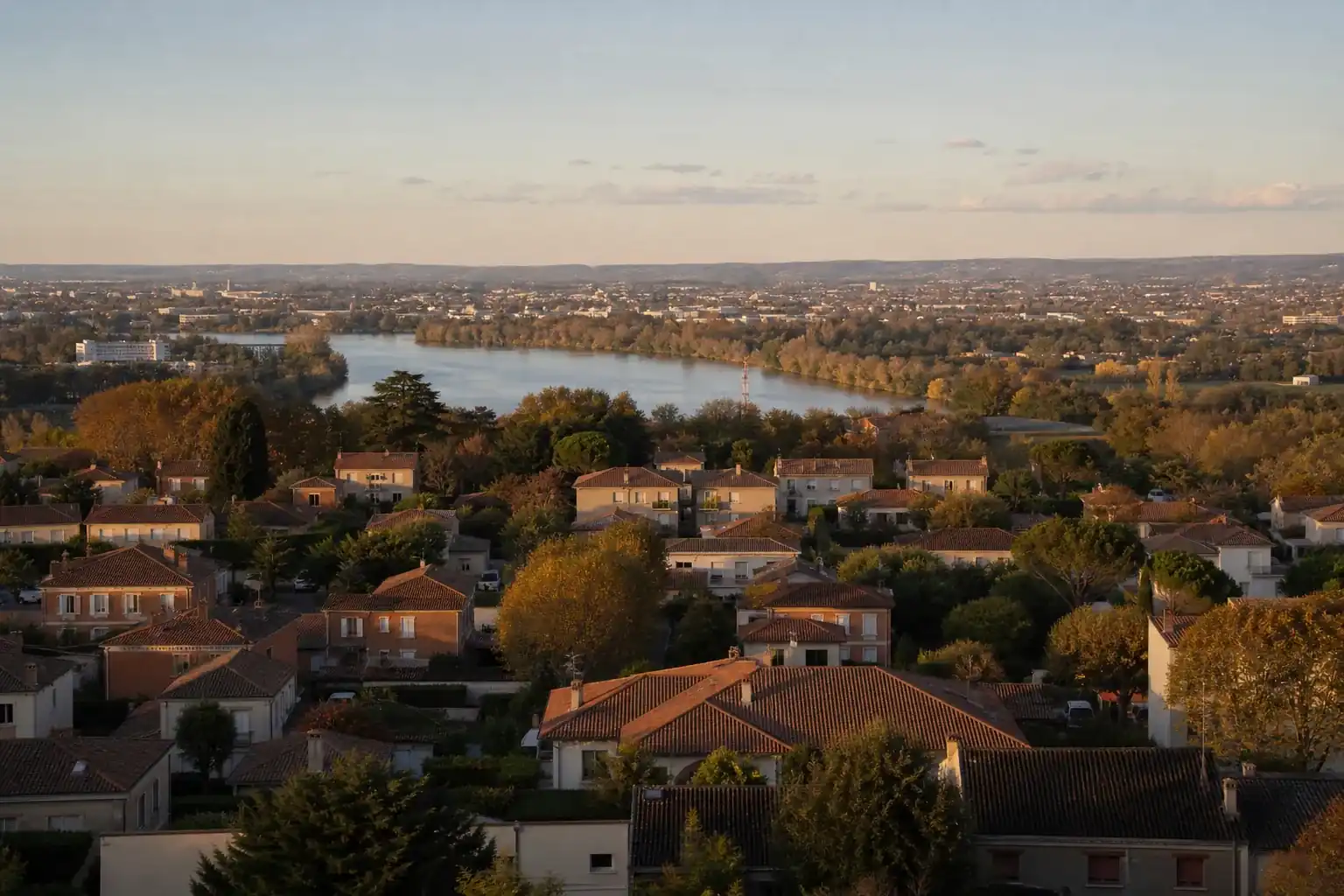 Vue large sur la couronne toulousaine en fin de journée, quartiers pavillonnaires aux toitures de tuile, boucle de la Garonne et plaine jusqu’aux coteaux
