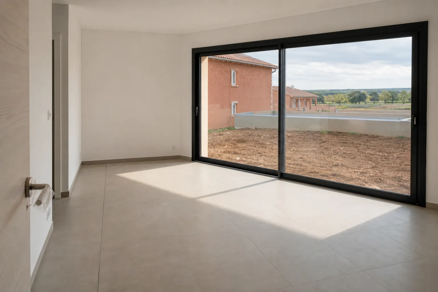 Séjour vide d’une maison neuve livrée, grande baie vitrée ouvrant sur un jardin en terre, lumière rasante sur le carrelage clair