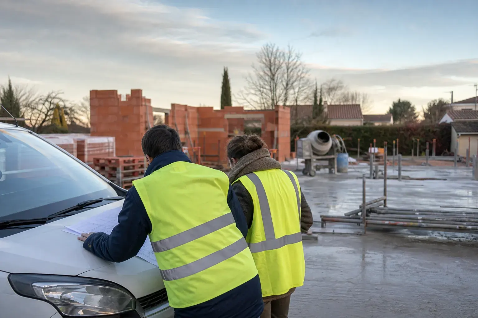 Réunion de chantier sur la dalle d’une maison en construction, deux personnes de dos penchées sur un plan posé sur le capot d’un utilitaire