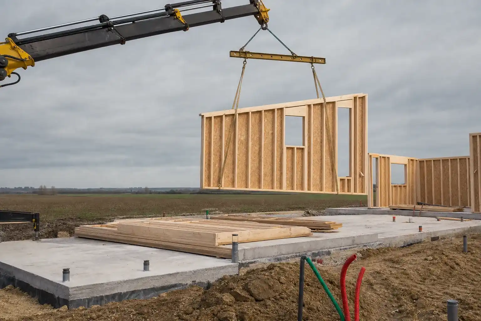 Levage d’un panneau de mur à ossature bois par une grue mobile sur la dalle d’une maison en construction