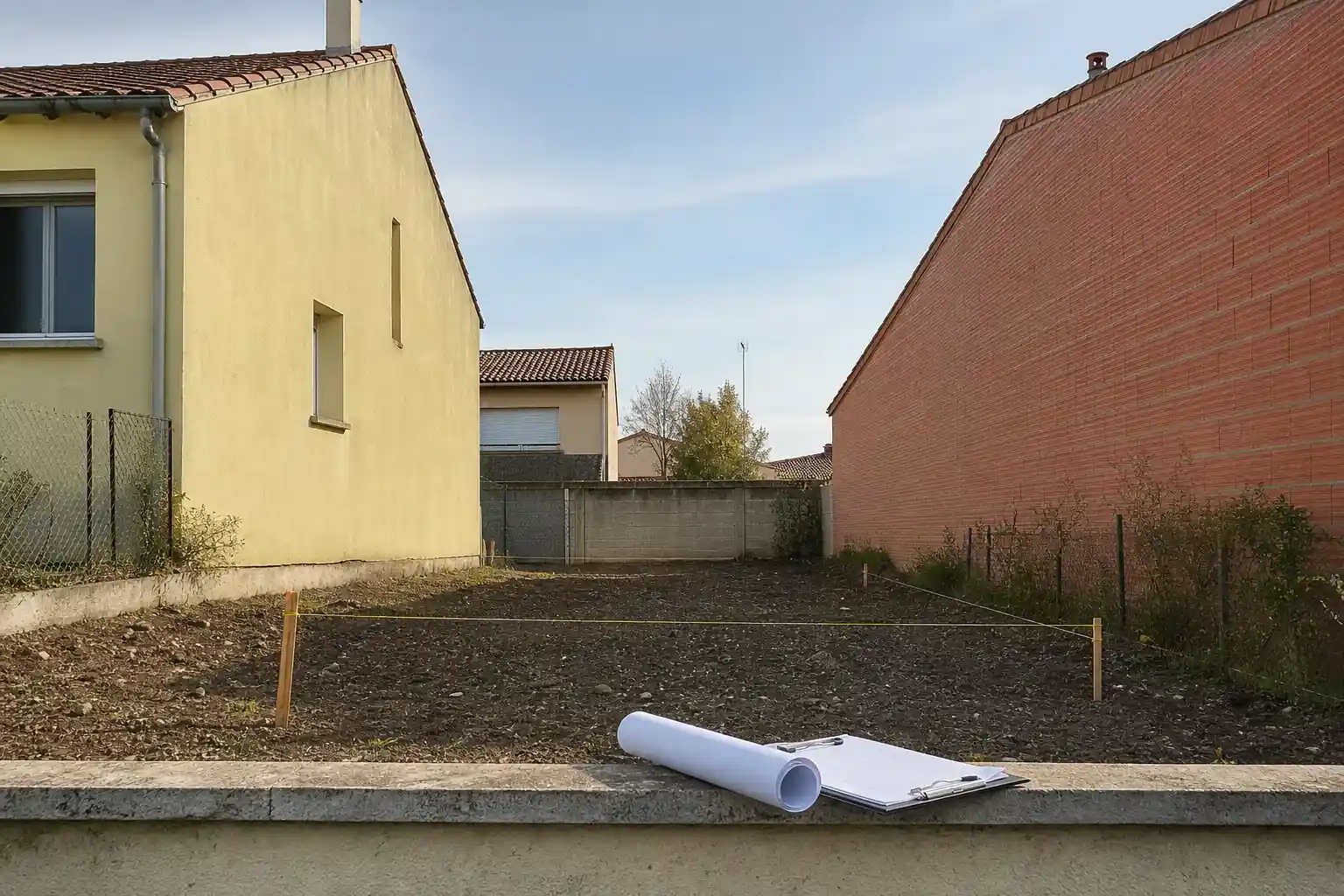 Parcelle étroite en dent creuse entre deux maisons, piquets et cordeau matérialisant le recul, mur mitoyen en brique plate