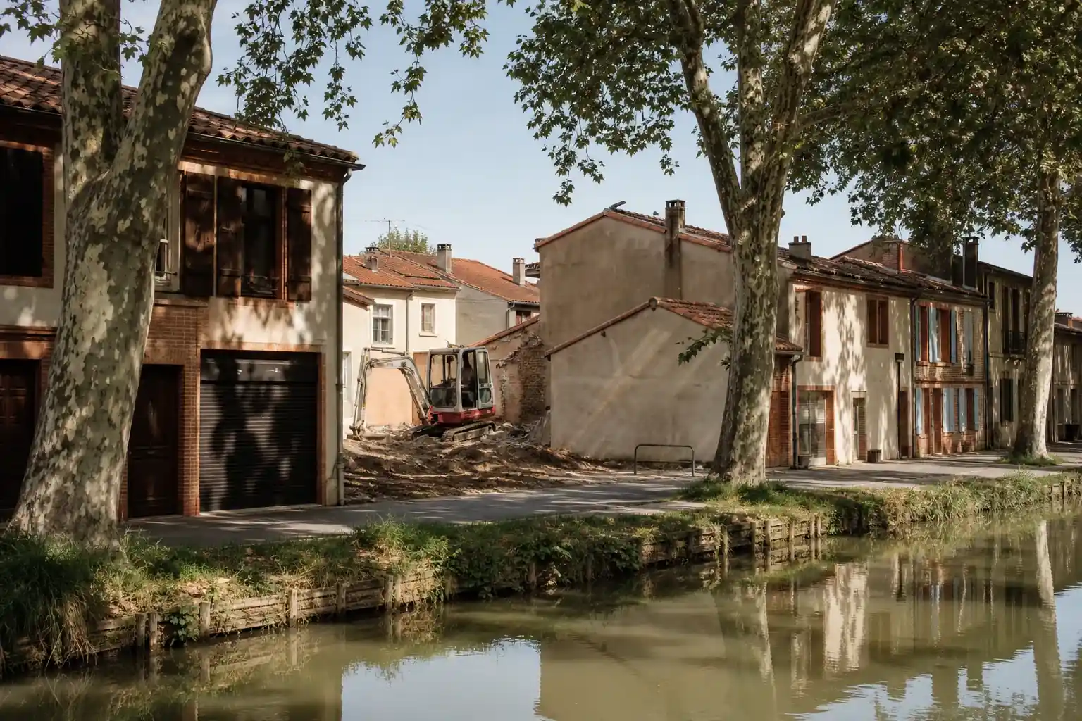 Rue longeant le canal du Midi au sud-est de Toulouse, maisons de brique sous tuile canal, parcelle étroite en cours de dégagement