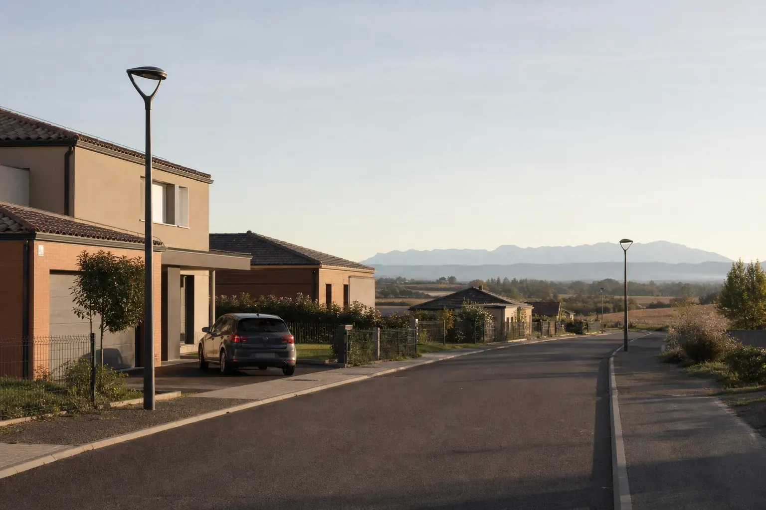 Route résidentielle au sud de l’agglomération au petit matin, voiture sortant d’une allée vue de dos, champs ouverts et ligne de montagnes à l’horizon