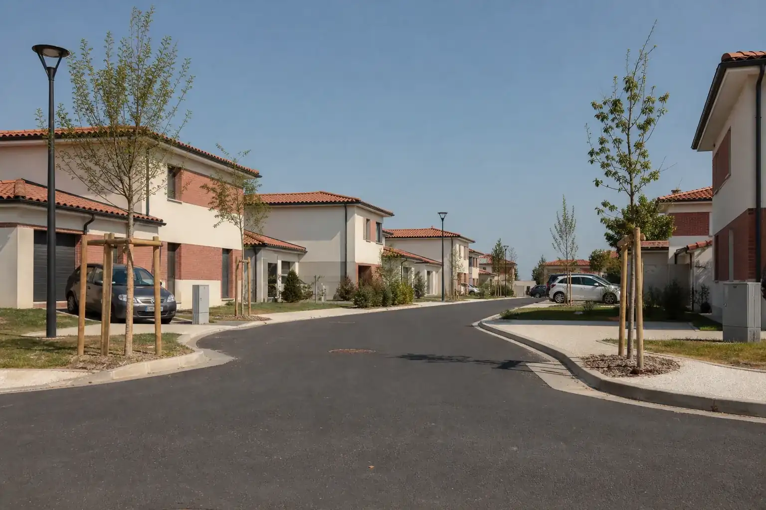 Quartier pavillonnaire récent au sud-ouest de Toulouse vu depuis une impasse, maisons enduites à bandeaux de brique, arbres encore tuteurés
