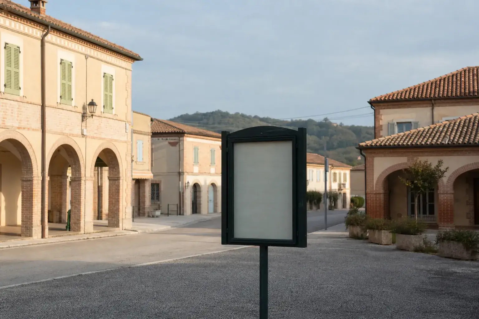 Rue principale d’un bourg de l’ouest toulousain, maisons de brique sous tuile, panneau d’affichage municipal vitré, coteaux de la Save à l’arrière