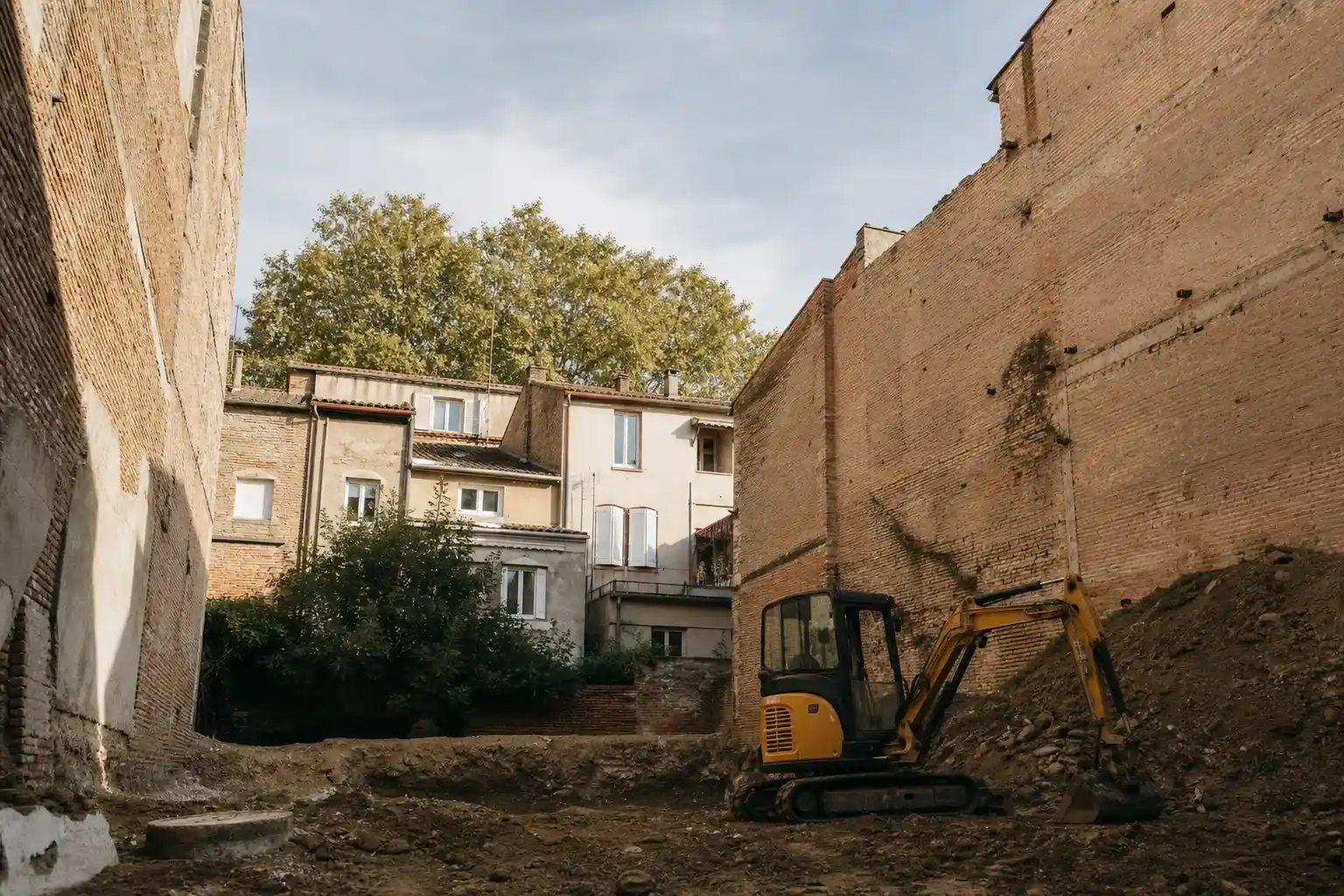 Chantier de construction en fond de parcelle dans Toulouse, enserré entre de hauts murs mitoyens en brique plate rose